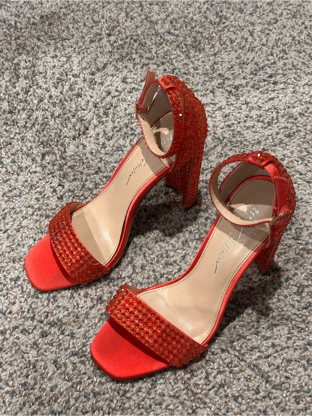 Betsey Johnson Red Crystal-Embellished Ankle-Strap Heels
